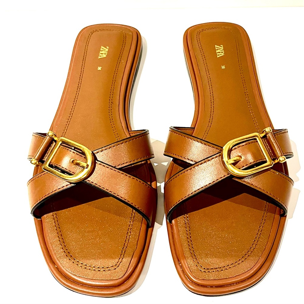 Brown leather Zara slides with gold hardwares size 6